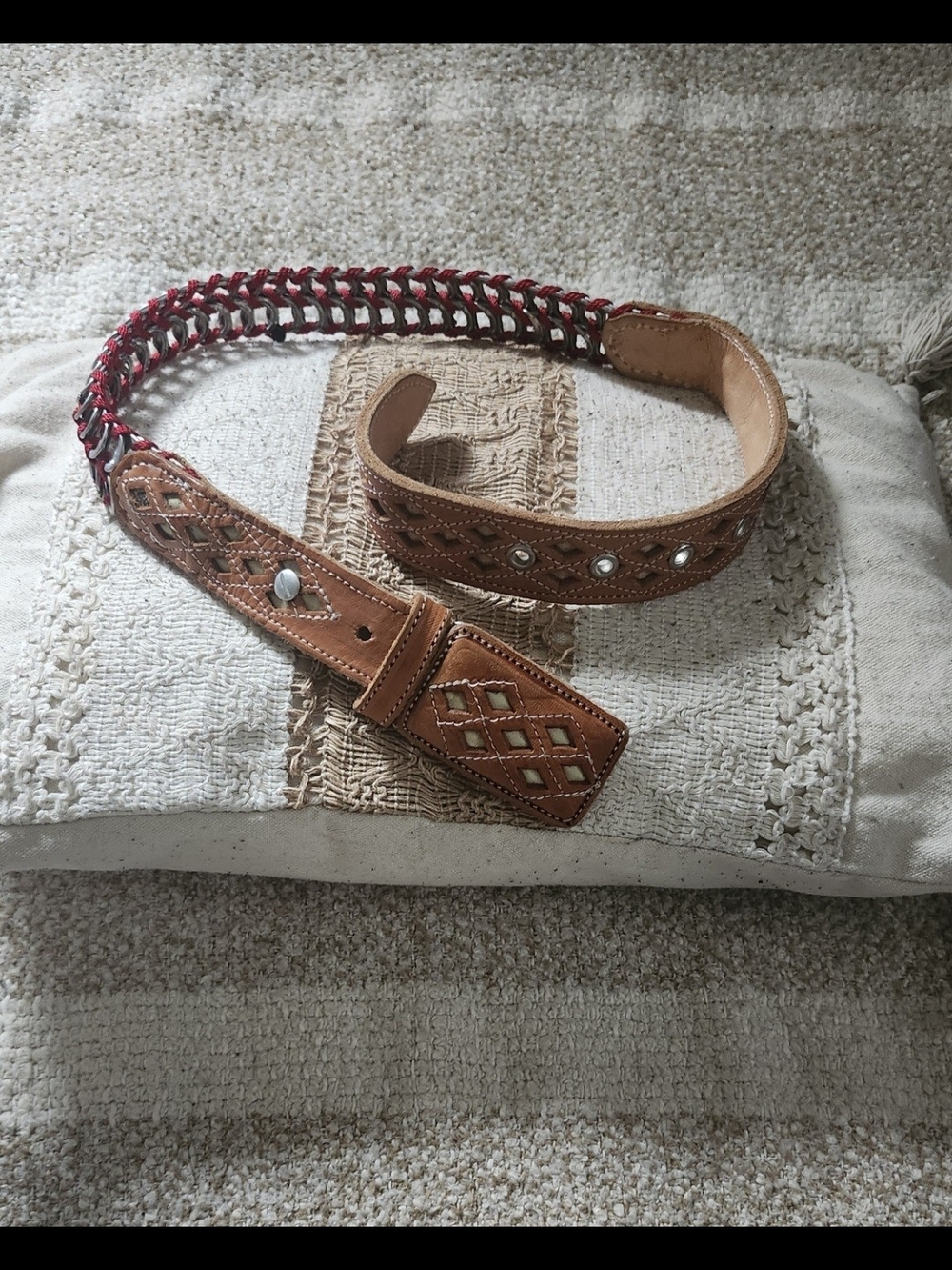 & Other Stories Tan Leather Belt with Red Braided Accent
